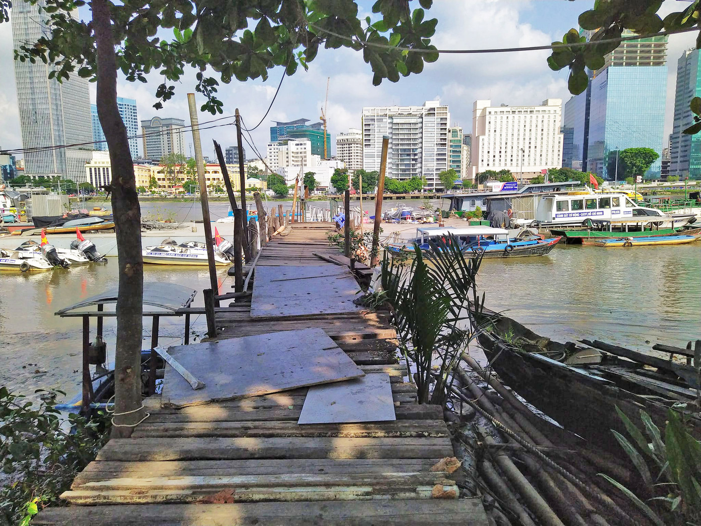 Một chiếc cầu ván được bắc ra sông, nhưng rất ít người qua lại.