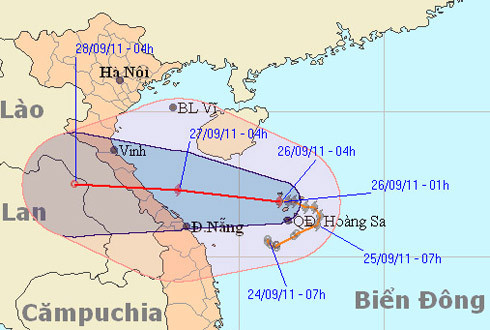 Bão Haitang ảnh hưởng trực tiếp tới các tỉnh từ Hà Tĩnh tới Thừa Thiên - Huế từ đêm 26/9 Ảnh: NCHMF.