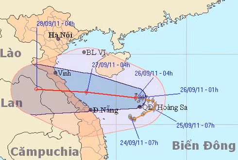 Bão Haitang ảnh hưởng trực tiếp tới các tỉnh từ Hà Tĩnh tới Thừa Thiên - Huế từ đêm 26/9 Ảnh: NCHMF.