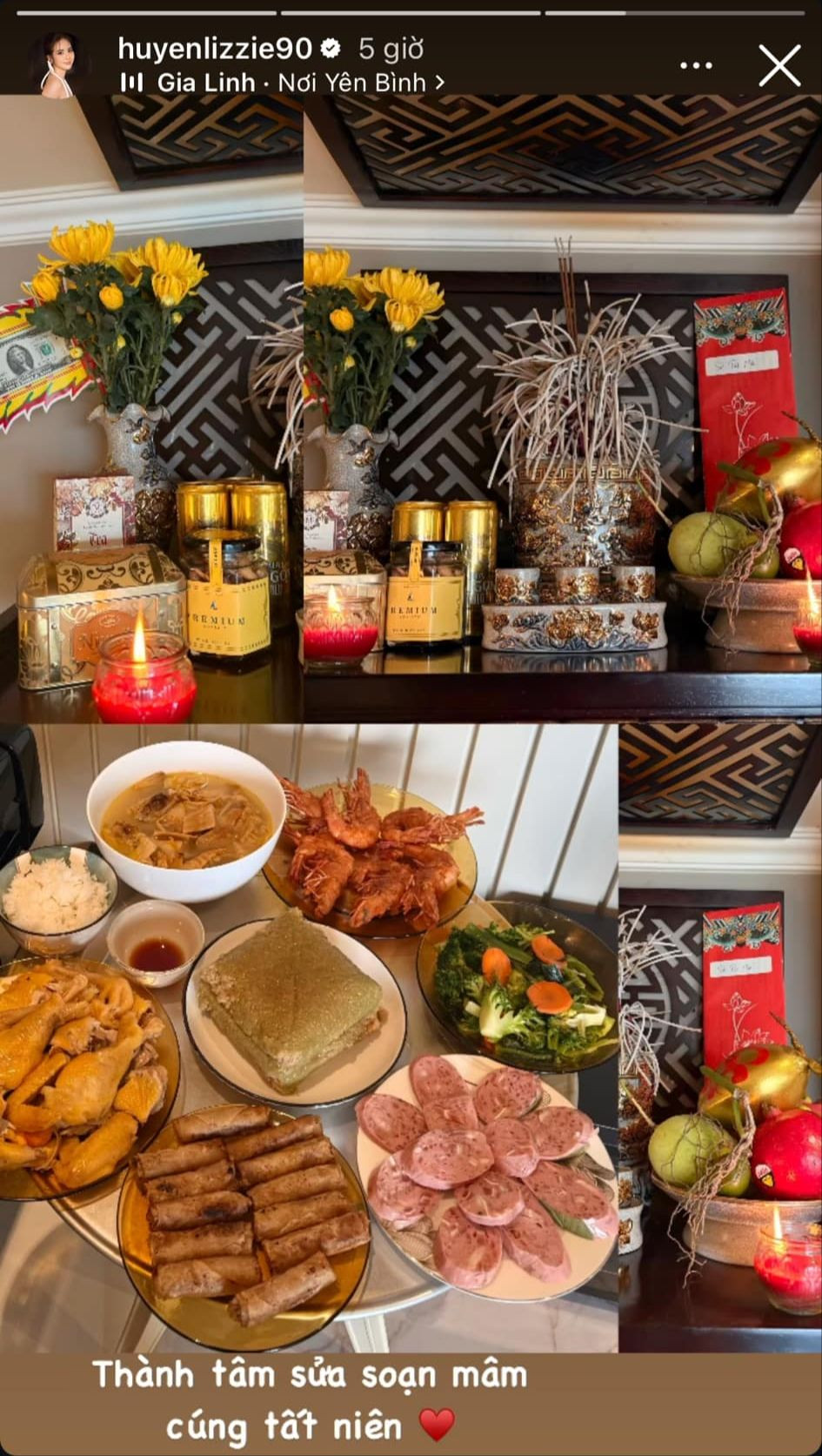 Huyền Lizzie khoe mâm cúng tất niên ngon mắt với những món quen thuộc ngày Tết như bánh chưng, gà luộc, nem rán, canh măng, rau luộc, nem chua và tôm chiên.