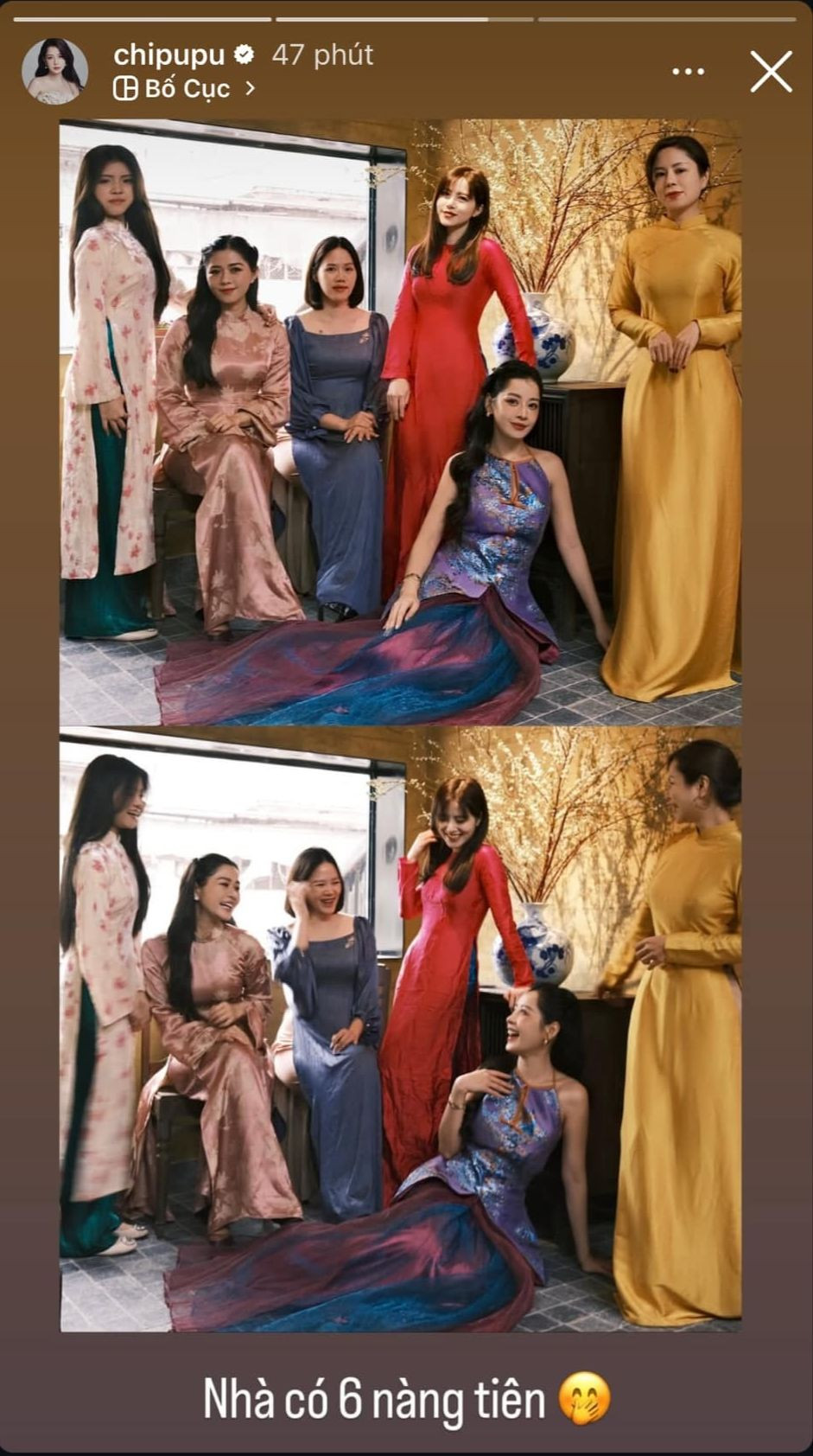 Như hầu hết mọi người, gia đình là điều mà Chi Pu muốn tôn vinh vào Mùng 1 Tết. Cô đăng ảnh bên mẹ và các chị em gái lên trang cá nhân, kèm lời nhắn nhủ người hâm mộ: &quot;Chúc cả nhà một năm mới mọi điều bình an&quot;.