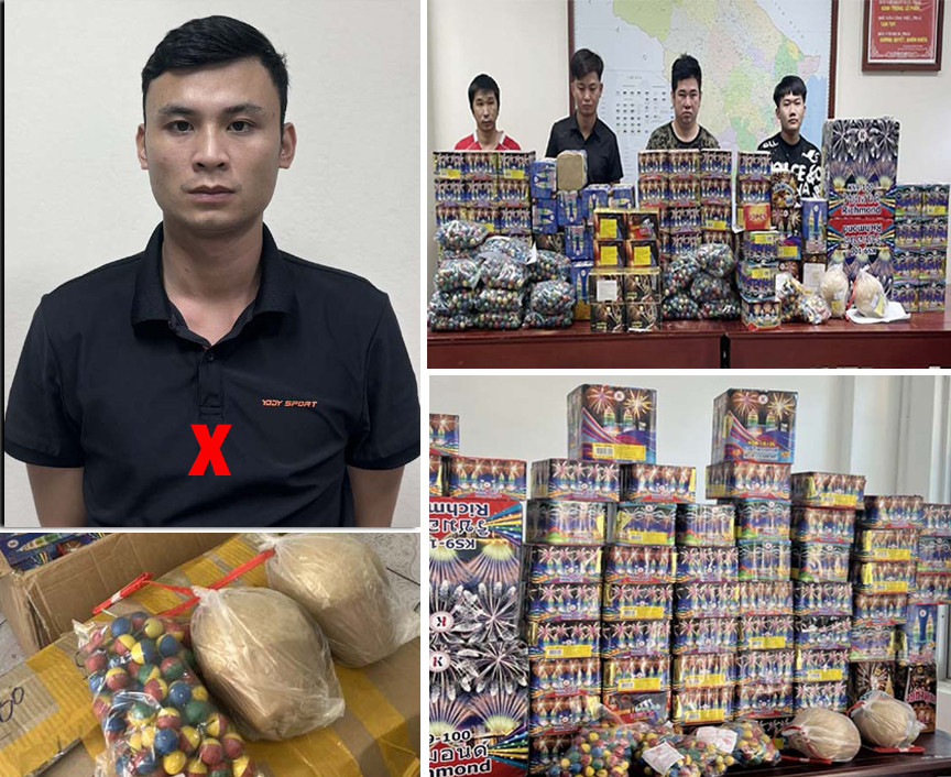 Vũ Văn Nam (X) và các đối tượng trong đường dây mua bán pháo trái phép cùng số pháo thu giữ Vũ Văn Nam (X) và các đối tượng trong đường dây mua bán pháo trái phép cùng số pháo thu giữ