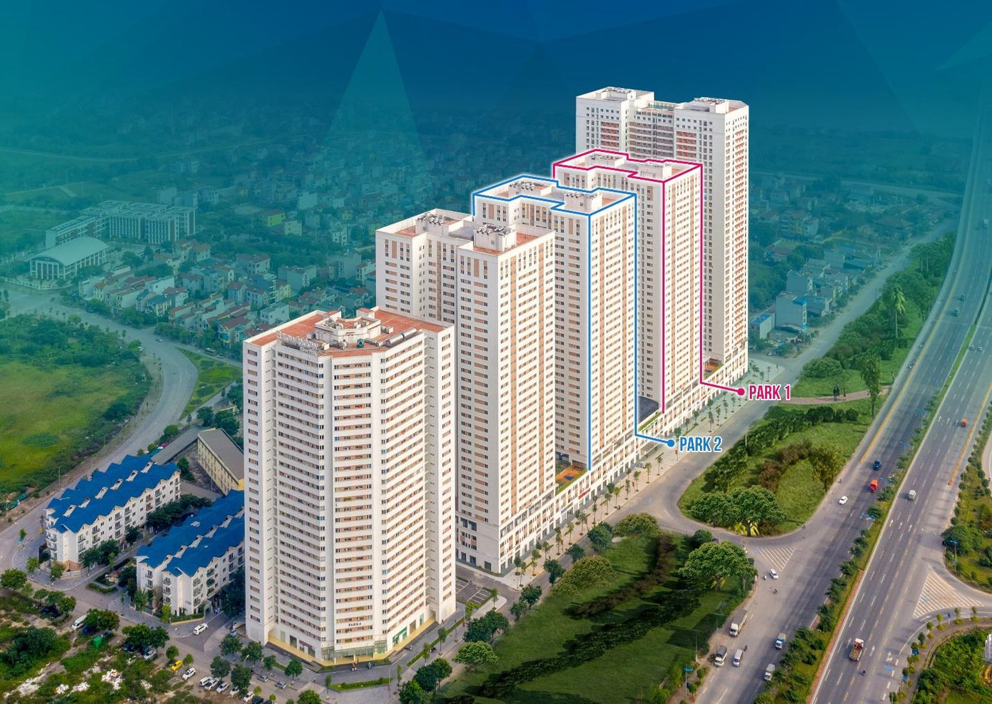 Các căn hộ tòa Park 1&amp;2 được ôm trọn bởi nhiều tầng không gian xanh