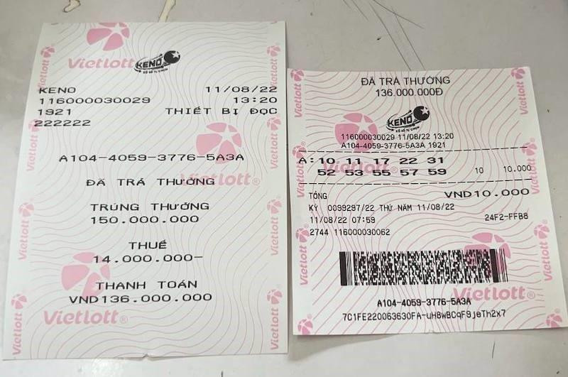 Vé số Keno gây “sốt” thị trường xổ số thời gian qua. Trong ảnh là một vé đã trúng thưởng 150 triệu đồng.