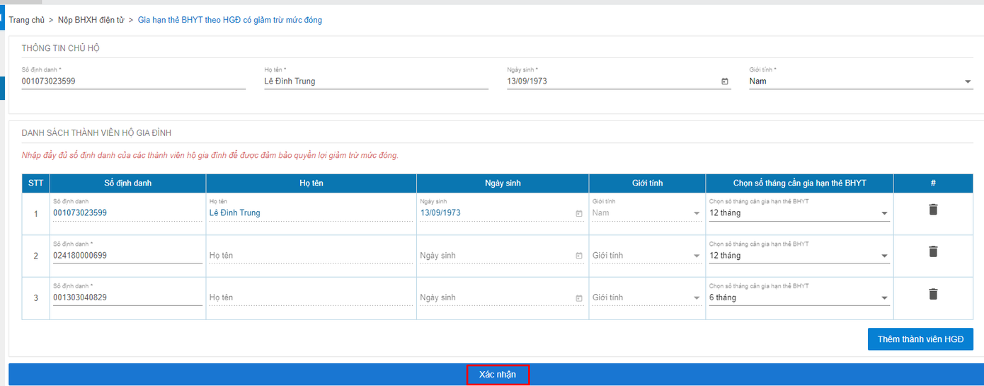 Màn hình xác thực thông tin
