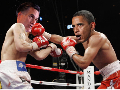 Tranh ghép hài hước về cuộc chiến giữa 2 ứng viên Mitt Romney (trái) và Barack Obama (phải) 