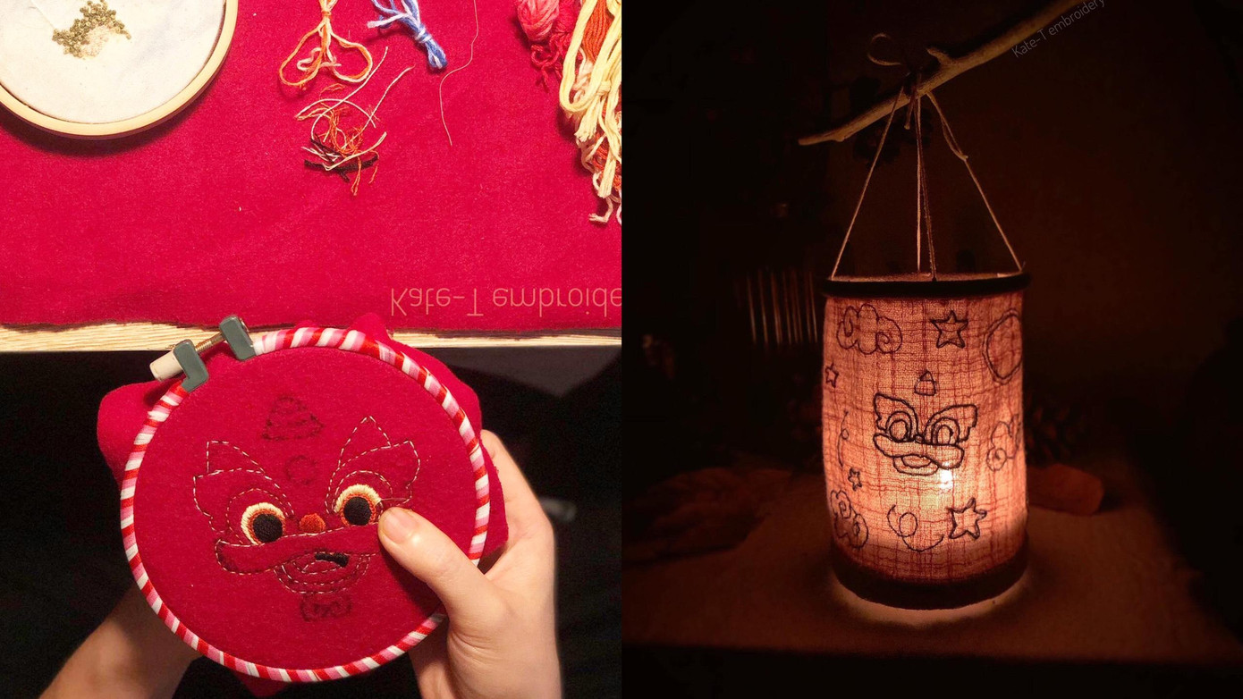 Sản phẩm lồng đèn và đầu lân thêu tay của Trần Thị Thủy Tiên. Sản phẩm lồng đèn và đầu lân thêu tay của Trần Thị Thủy Tiên.