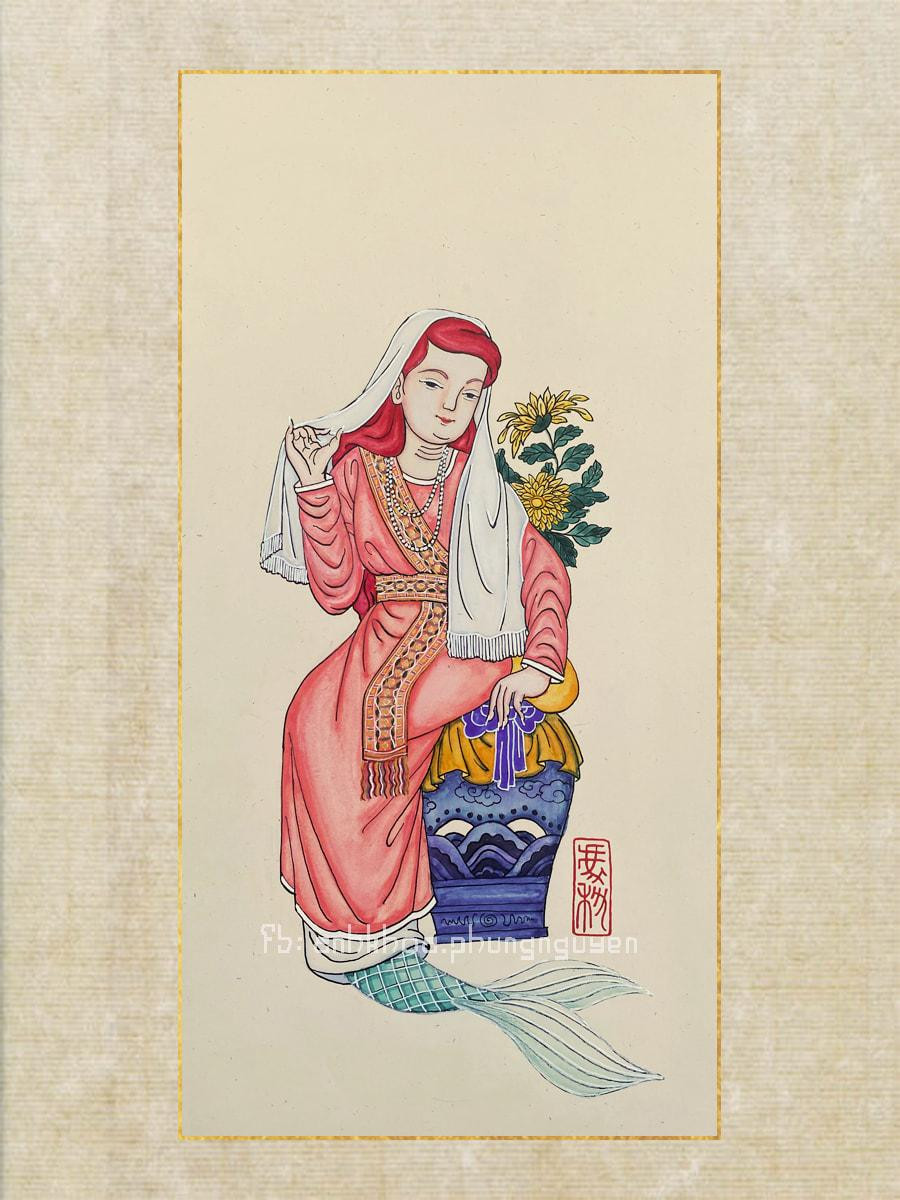 Trang phục của từng nhân vật đều có màu sắc sặc sỡ và đường nét trong tranh rất cầu kỳ. Trang phục của từng nhân vật đều có màu sắc sặc sỡ và đường nét trong tranh rất cầu kỳ.