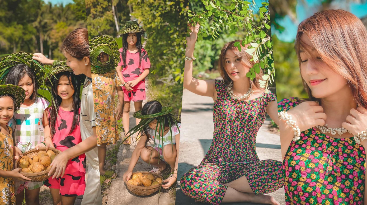 Ngoài gòn, Tuyền còn sử dụng lá dừa để làm nón, trái cơm nguội làm trang sức, vừa chơi, vừa khơi dậy những hồi ức tuổi thơ.