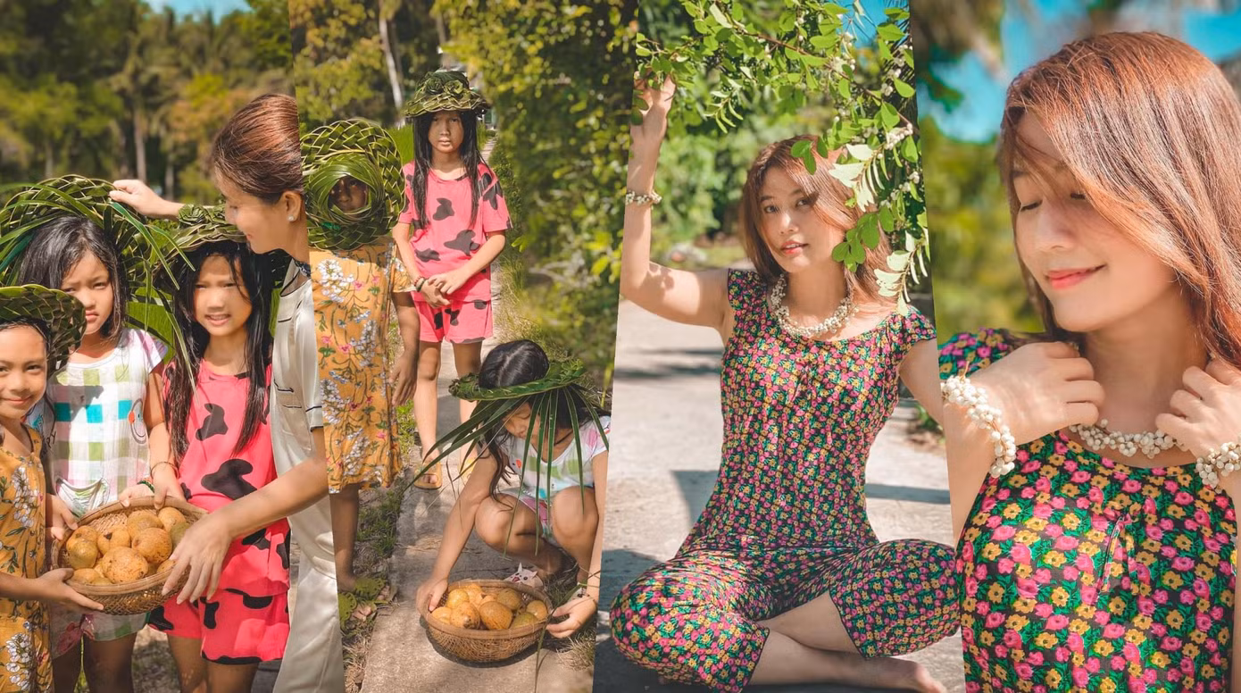 Ngoài gòn, Tuyền còn sử dụng lá dừa để làm nón, trái cơm nguội làm trang sức, vừa chơi, vừa khơi dậy những hồi ức tuổi thơ.