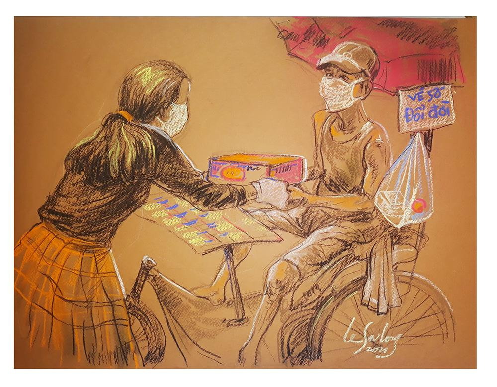 Tình người chia sẻ trong những ngày Sài Gòn giãn cách cũng được họa sỹ Lê Sa Long khắc họa trong tác phẩm của mình. Tình người chia sẻ trong những ngày Sài Gòn giãn cách cũng được họa sỹ Lê Sa Long khắc họa trong tác phẩm của mình.