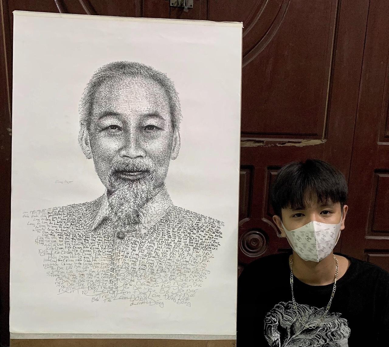 Chân dung Chủ tịch Hồ Chí Minh được Cường tạo ra từ tên của 63 tỉnh, thành Việt Nam. Chân dung Chủ tịch Hồ Chí Minh được Cường tạo ra từ tên của 63 tỉnh, thành Việt Nam.