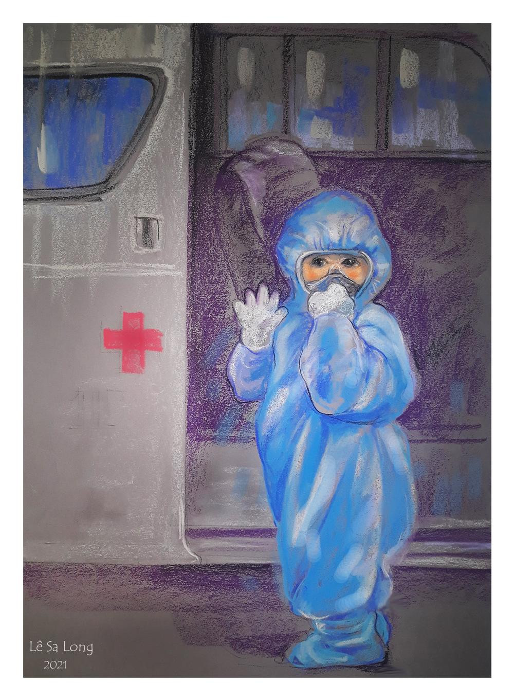 Em bé 5 tuổi một mình lên xe đi bệnh viện điều trị COVID-19 được họa sỹ Lê Sa Long ký họa rất ấn tượng. Em bé 5 tuổi một mình lên xe đi bệnh viện điều trị COVID-19 được họa sỹ Lê Sa Long ký họa rất ấn tượng.