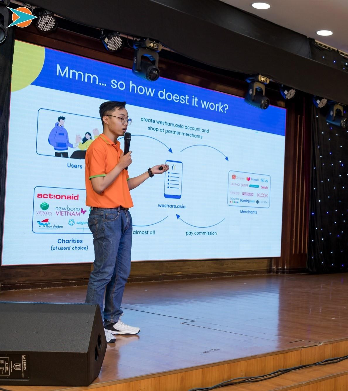 Trương Quốc Đạt đang trình bày về phương thức hoạt động của ứng dụng WeShare.