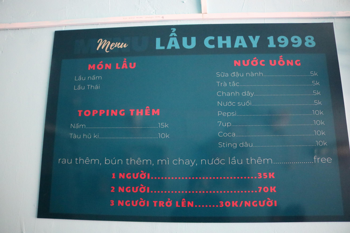 Menu thú vị của quán Lẩu chay 1998. Menu thú vị của quán Lẩu chay 1998.