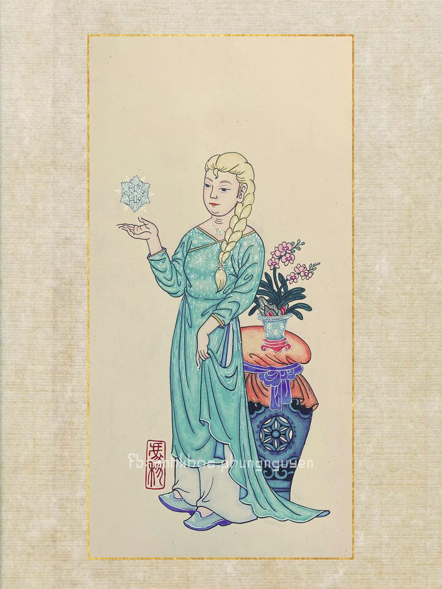 Nhân vật Elsa với trang phục lấy cảm hứng từ áo dài cổ thuyền thập niên 1960, đại diện cho bước chuyển từ truyền thống sang hiện đại của phụ nữ Việt Nam. Nhân vật Elsa với trang phục lấy cảm hứng từ áo dài cổ thuyền thập niên 1960, đại diện cho bước chuyển từ truyền thống sang hiện đại của phụ nữ Việt Nam.