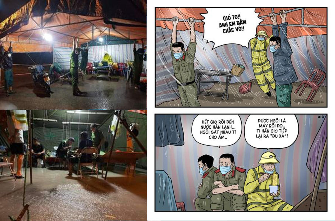 Các chiến sĩ vừa trực các chốt phòng dịch vừa phải chống chọi với bão ở Hà Tĩnh.