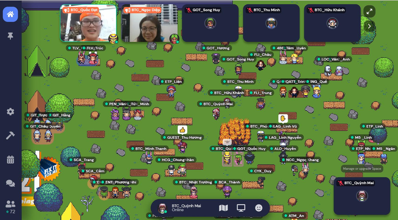 "Lửa trại online" của hội trại được tổ chức trên nền tảng Gather town. "Lửa trại online" của hội trại được tổ chức trên nền tảng Gather town.