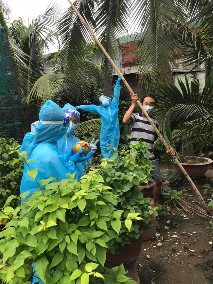 Chủ nhà hái dừa mời các bạn tình nguyện viên uống nước. Chủ nhà hái dừa mời các bạn tình nguyện viên uống nước.