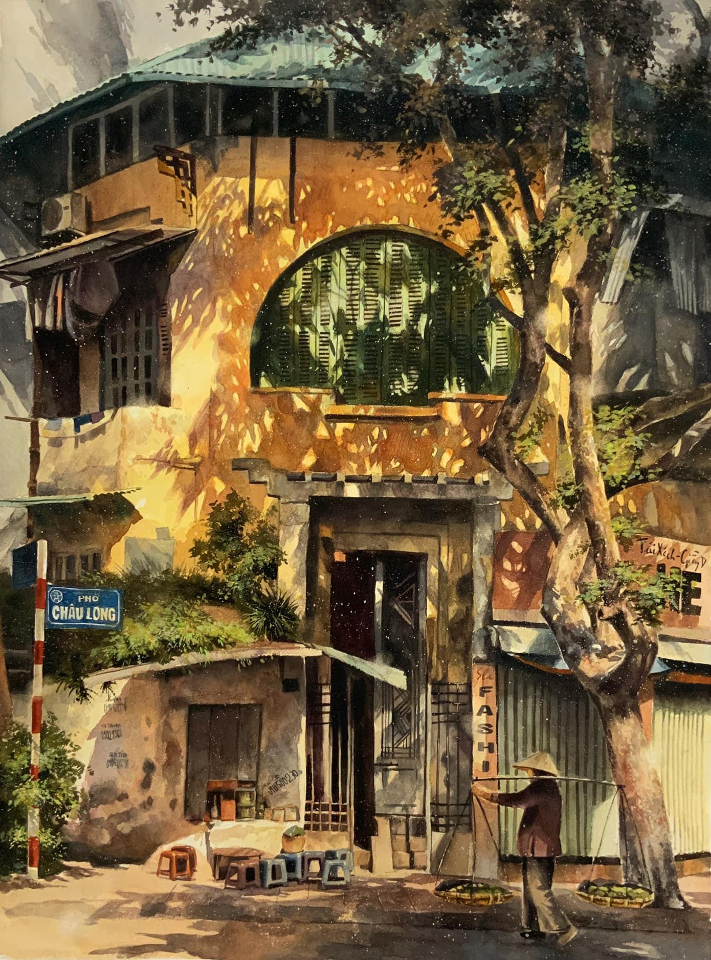 Hình ảnh góc phố Châu Long trong nắng vàng Hà Nội. Đây là bức tranh được sử dụng làm bìa cho cuốn sách của nhà văn Tô Hoài.