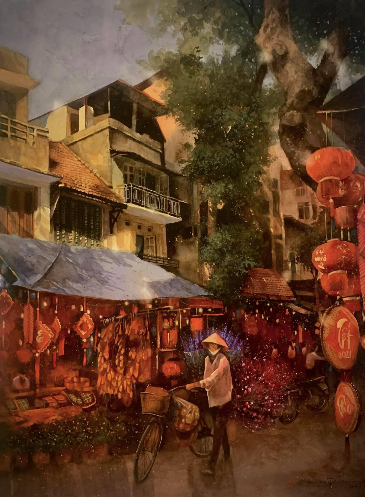 Bức tranh về phố Hàng Mã ngày giáp Tết.