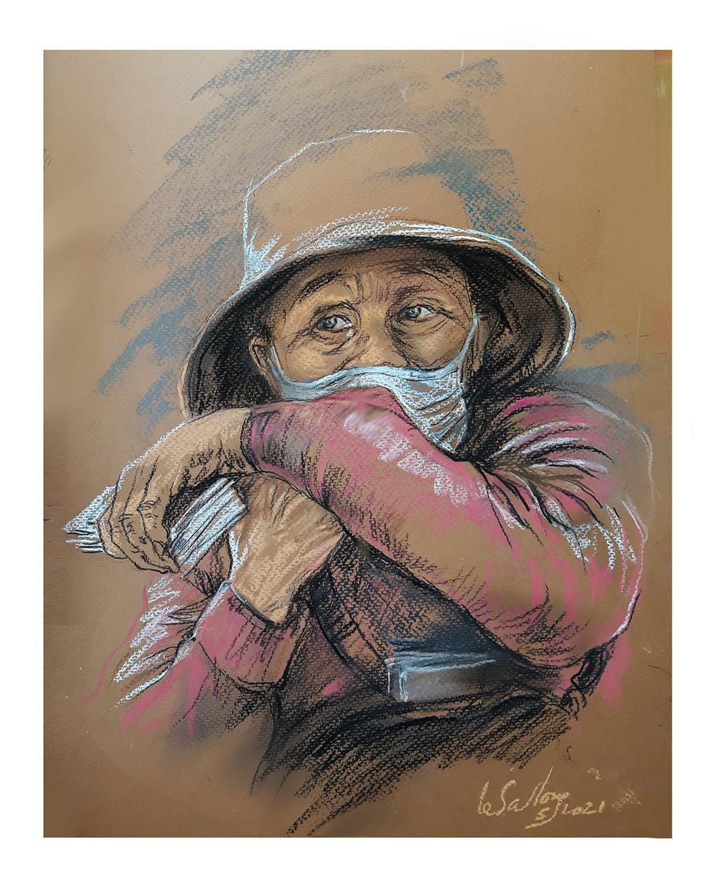 Những người lao động vất vả mưa sinh trong đại dịch cũng hiện lên trong những bức vẽ của họa sĩ Lê Sa Long. Những người lao động vất vả mưa sinh trong đại dịch cũng hiện lên trong những bức vẽ của họa sĩ Lê Sa Long.