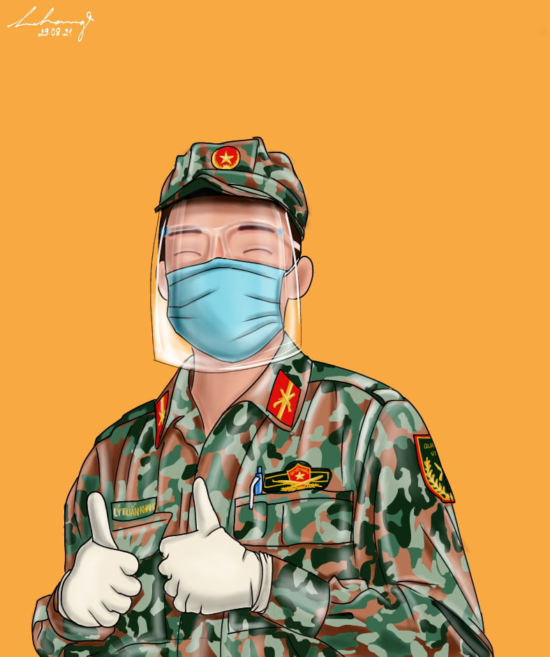 Anh bộ đội hỗ trợ giao hàng cho người dân được Hoa Trang vẽ lại trên nền tranh đồ họa. Anh bộ đội hỗ trợ giao hàng cho người dân được Hoa Trang vẽ lại trên nền tranh đồ họa.