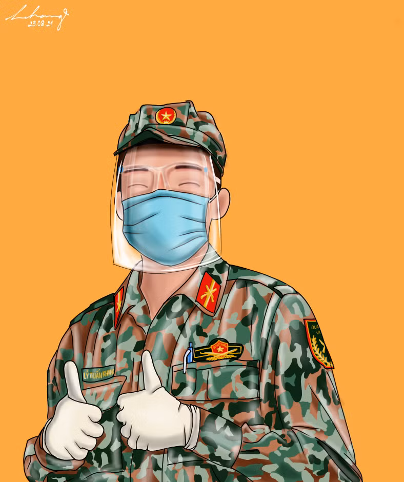 Anh bộ đội hỗ trợ giao hàng cho người dân được Hoa Trang vẽ lại trên nền tranh đồ họa. Anh bộ đội hỗ trợ giao hàng cho người dân được Hoa Trang vẽ lại trên nền tranh đồ họa.