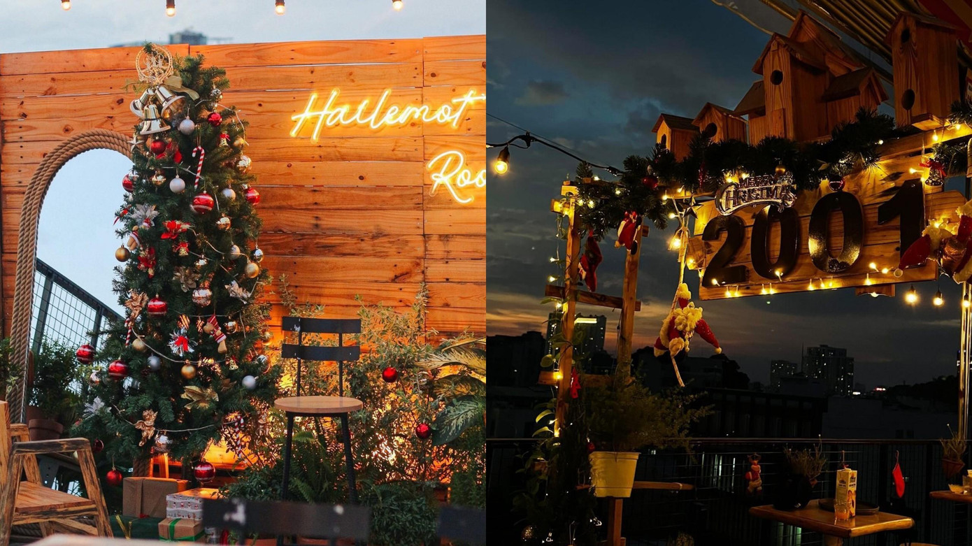 Cây thông Noel và chiếc cổng gỗ ở trước quán Hailemot Rooftop được chú tâm “tô điểm” và thu hút khách hàng đến check-in.