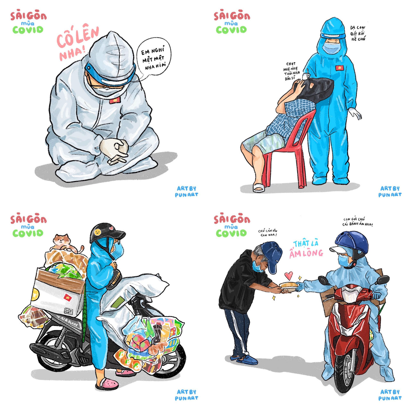 Những hình ảnh của lực lượng y tế, tình nguyện viên được khắc họa qua nét về đầy sinh động của Phụng.