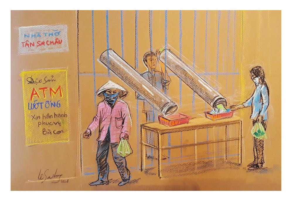 Những cây "ATM gạo" giúp người dân lao động tại Sài Gòn vượt qua khó khăn cũng được họa sĩ Lê Sa Long chọn khắc họa. Những cây "ATM gạo" giúp người dân lao động tại Sài Gòn vượt qua khó khăn cũng được họa sĩ Lê Sa Long chọn khắc họa.
