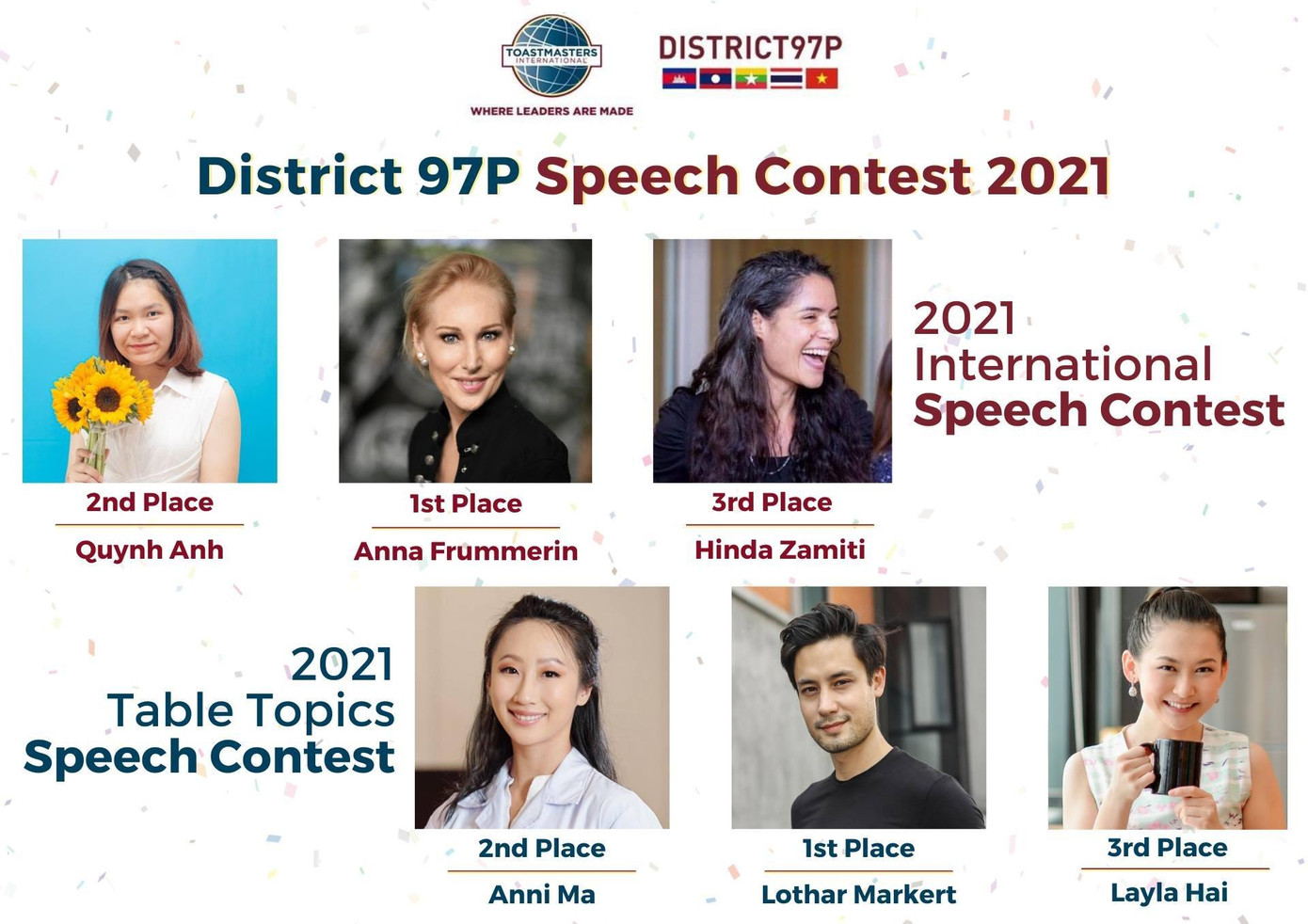 Quỳnh Anh (đầu tiên, bên trái) giành ngôi vị Á quân cuộc thi District 97P -Toastmaster International Speech Contest. (Ảnh: Toastmasters International District 97)