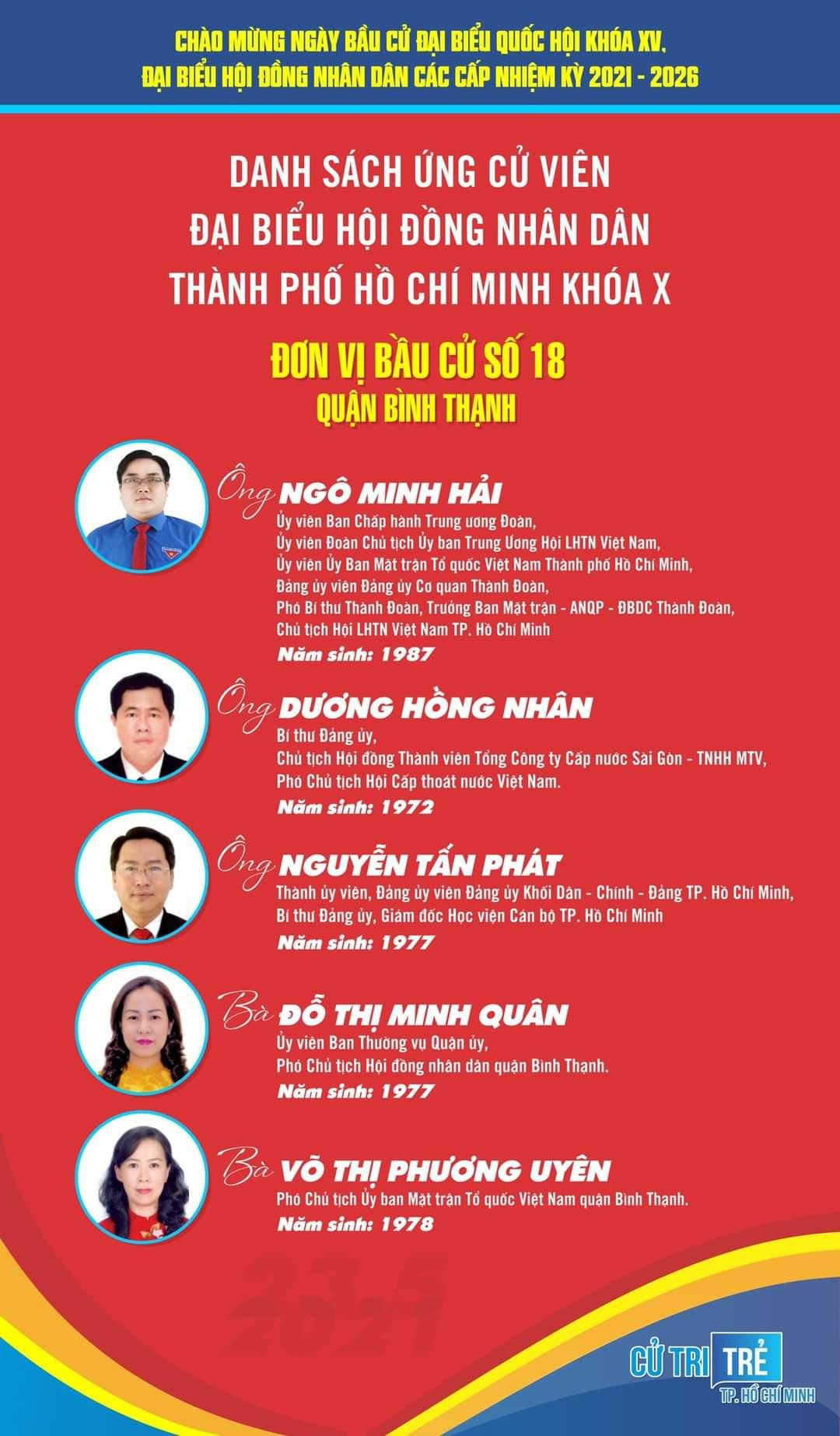 Các ứng cử viên Hội đồng Nhân dân thành phố khóa X tại đơn vị bầu cử số 18, quận Bình Thạnh, TP. HCM.