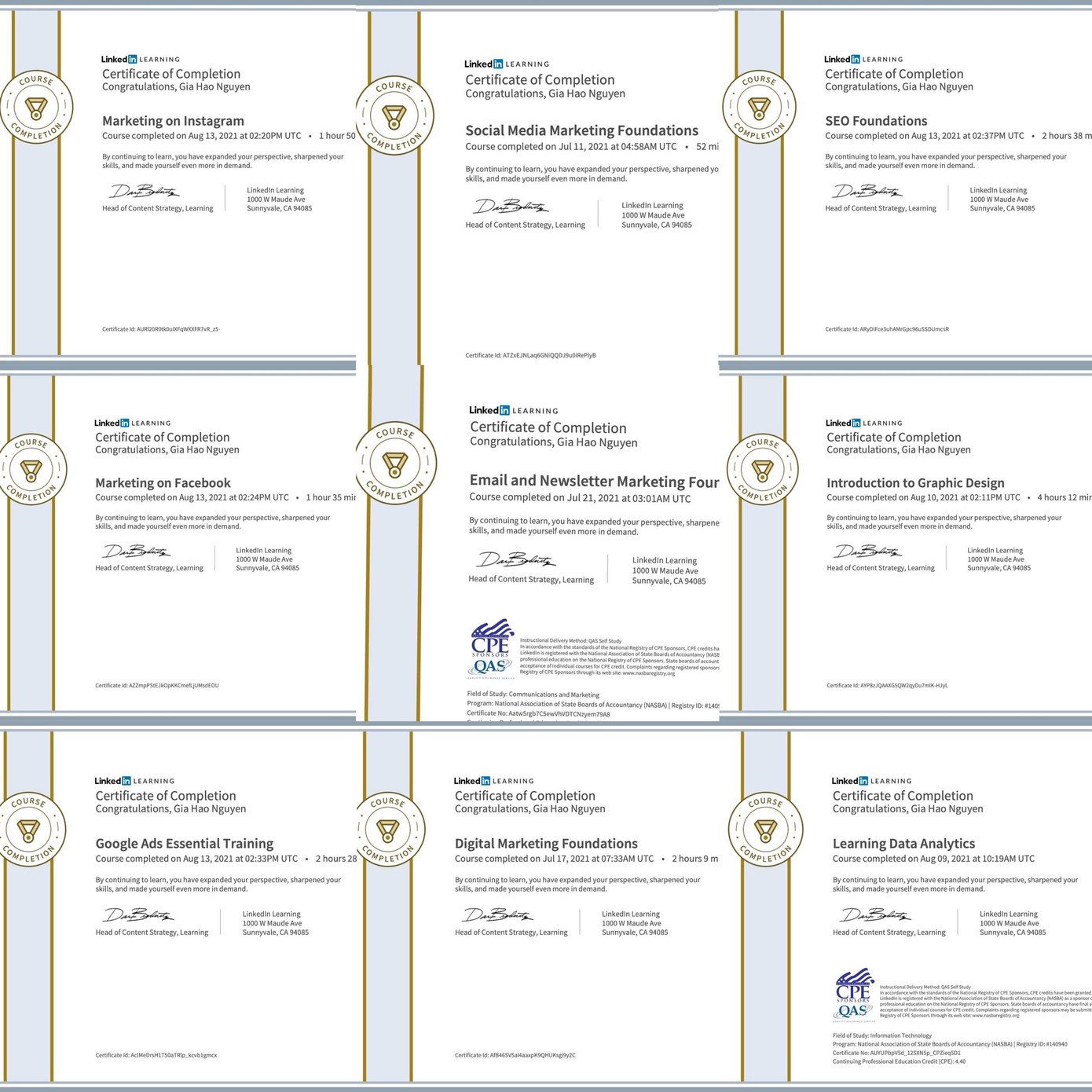 Gia Hào đã hoàn thành 14 chứng chỉ khóa học online chỉ trong vòng 2 tháng.