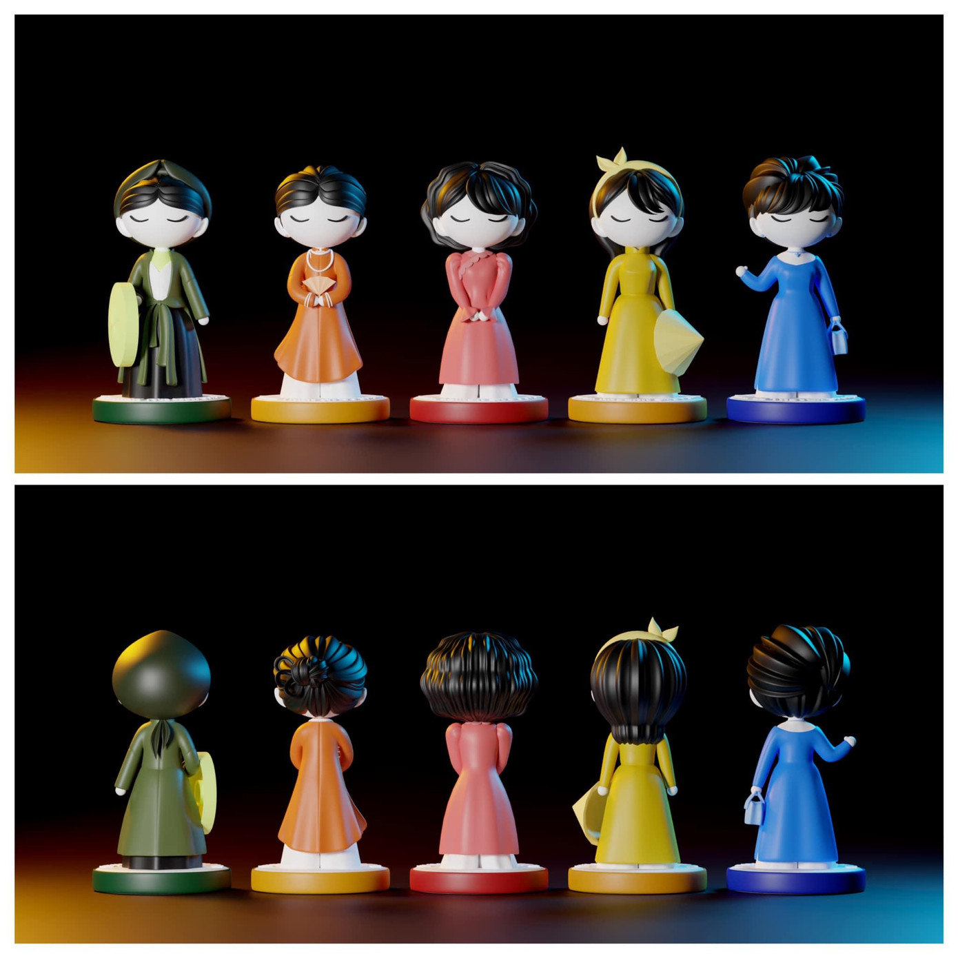 Những quân cờ được thiết kế nhằm nhấn mạnh đặc điểm của từng trang phục mang tính biểu tượng của Việt Nam. Những quân cờ được thiết kế nhằm nhấn mạnh đặc điểm của từng trang phục mang tính biểu tượng của Việt Nam.