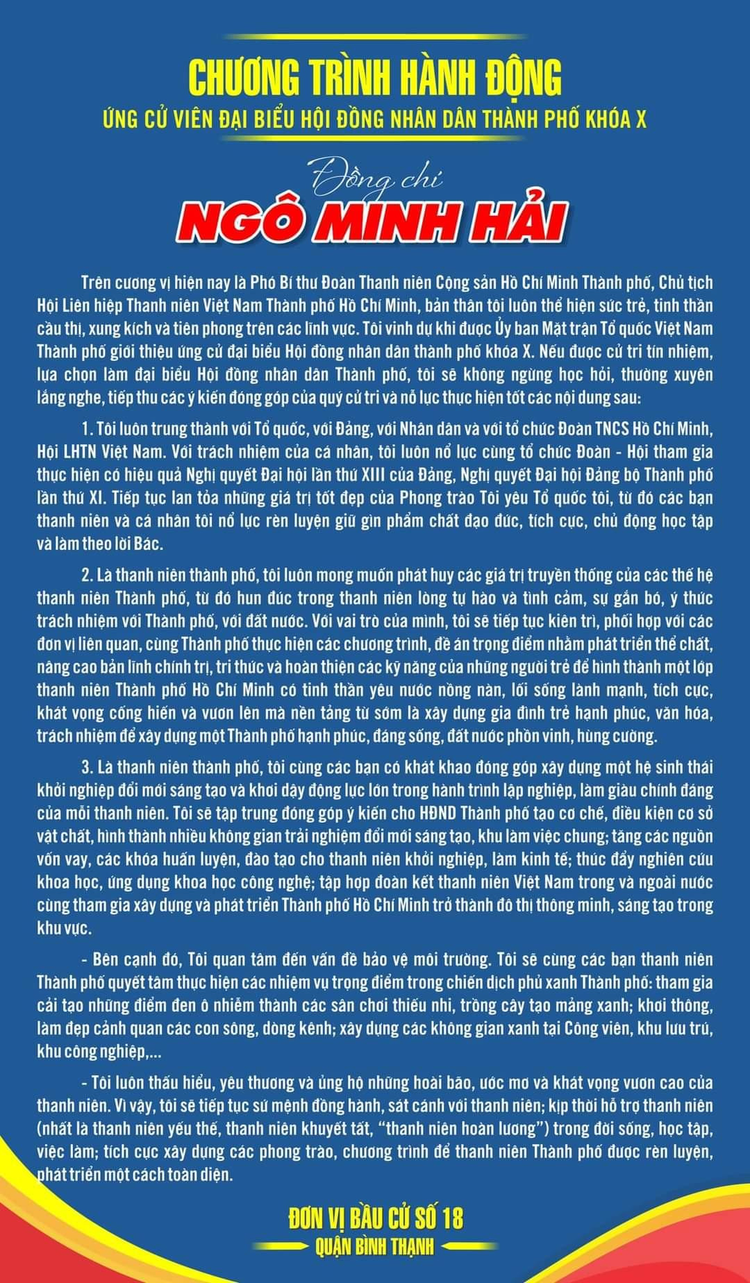 Chương trình hành động của anh Ngô Minh Hải, ứng cử viên Hội đồng Nhân dân thành phố khóa X.