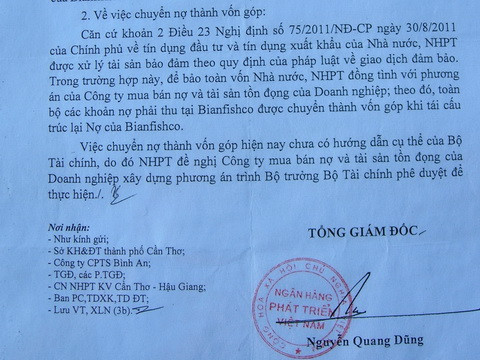 Tổng giám đốc VDB thống nhất chuyển các khoản nợ phải thu thành vốn góp khi tái cấu trúc lại nợ của Bianfishco