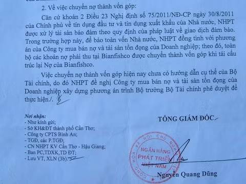 Tổng giám đốc VDB thống nhất chuyển các khoản nợ phải thu thành vốn góp khi tái cấu trúc lại nợ của Bianfishco