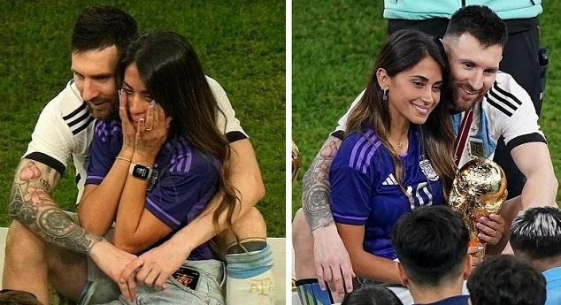 Antonela Roccuzzo không giấu được những giọt nước mắt hạnh phúc. Khoảnh khắc Messi ôm vợ vào lòng dỗ dành khiến đông đảo cư dân mạng &quot;tan chảy&quot;. Ảnh: AP.