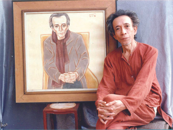 Nhà văn Kim Lân lúc sinh thời và bức chân dung do họa sĩ Nguyễn Thị Hiền thể hiện. Ảnh họa sĩ cung cấp. Nhà văn Kim Lân lúc sinh thời và bức chân dung do họa sĩ Nguyễn Thị Hiền thể hiện. Ảnh họa sĩ cung cấp