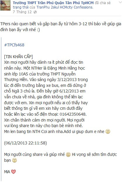 Trang fanpage THPT Trần Phú share thông tin tìm kiếm Hằng. Ảnh: Chụp từ màn hình