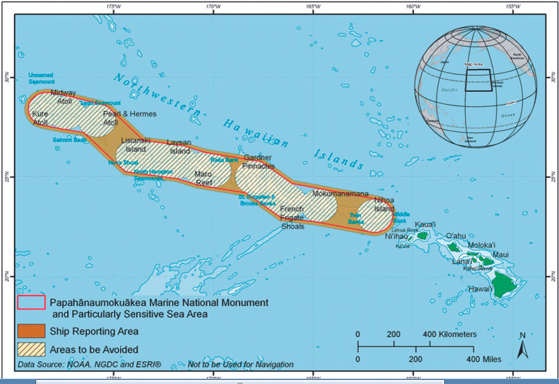 Sơ đồ một khu PSSA đảo Hawaii (Mỹ) lập năm 2007 bao gồm một số ATBA và các vùng khác
