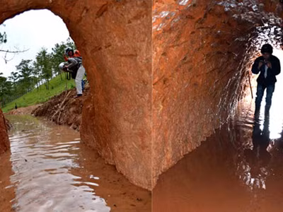 Từ trong địa đạo nhìn ra thung lũng Tình yêu (ảnh trái). Địa đạo khá rộng và cao, đã được đào hết sức công phu 