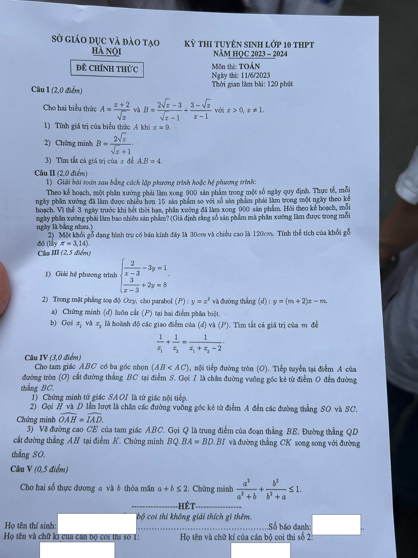 Đề thi môn Toán vào 10 ở Hà Nội, ảnh chụp sáng 11/6/2023 Đề thi môn Toán vào 10 ở Hà Nội, ảnh chụp sáng 11/6/2023