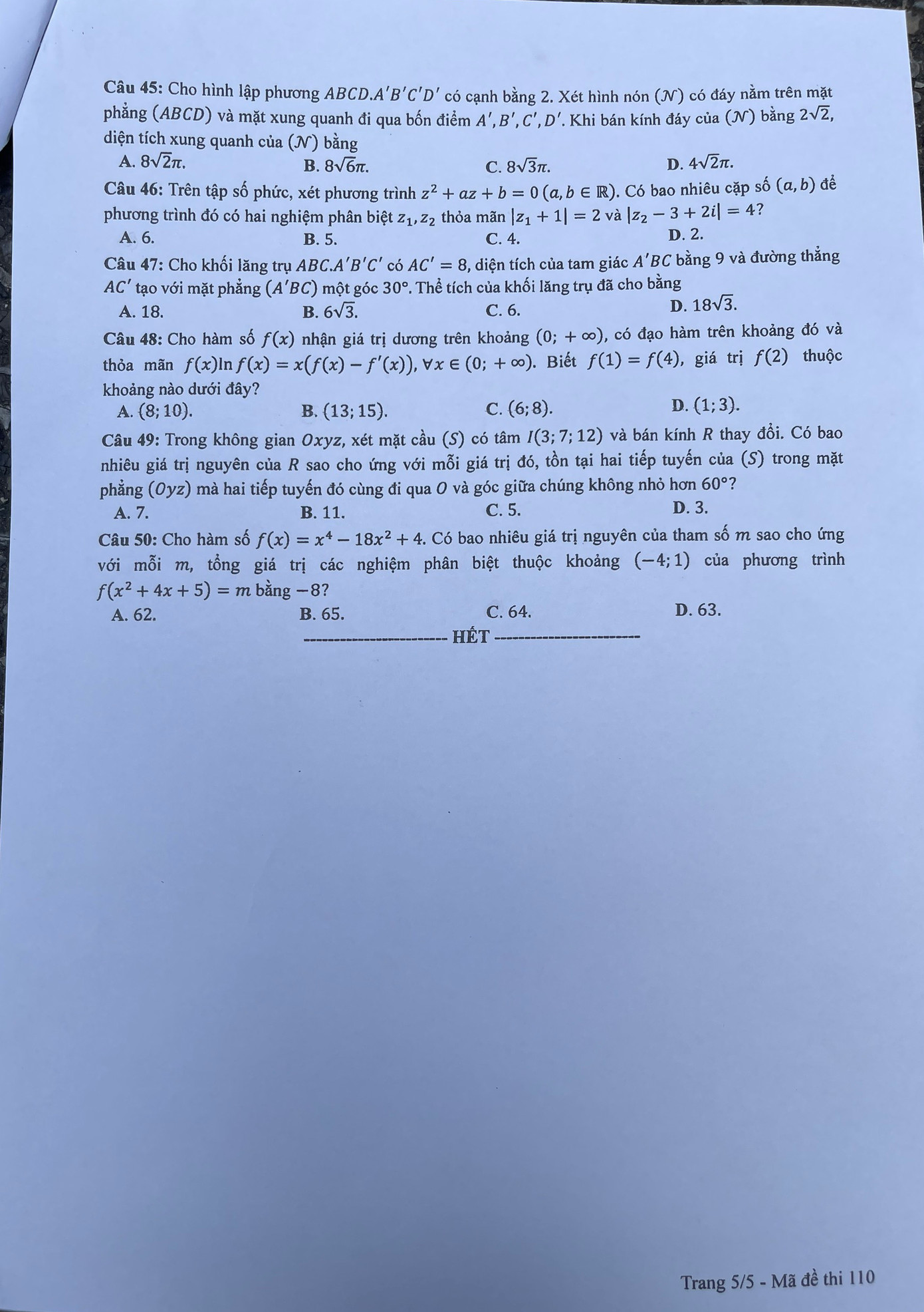 Đề thi Toán, mã đề 110. Ảnh: Trọng Tài Đề thi Toán, mã đề 110. Ảnh: Trọng Tài