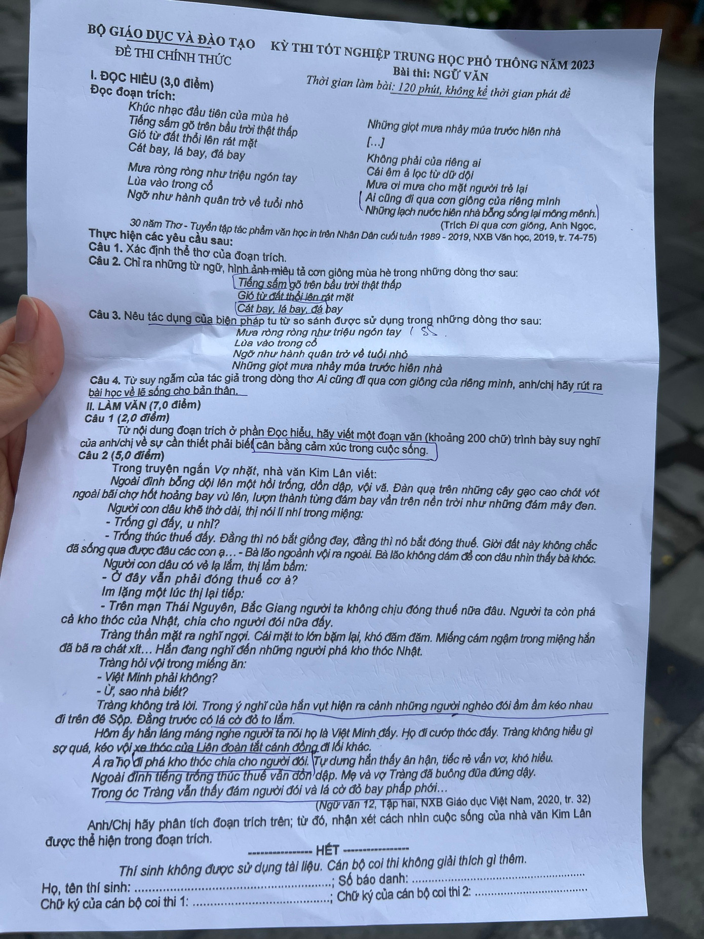 Đề thi Ngữ Văn tốt nghiệp THPT 2023 Đề thi Ngữ Văn tốt nghiệp THPT 2023
