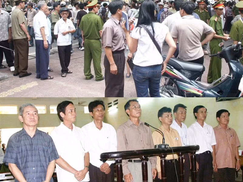 Ảnh trên : Hàng nghìn người dân Hải Phòng đã đến dự phiên tòa. Ảnh dưới : Các bị cáo Chu Minh Tuấn, Vũ Đức Vận, Hoàng Gia Mai, Vũ Văn Định, Hoàng Anh Hùng, Vũ Đình Lộc, Nguyễn Văn Phong và Hoàng Gia Thiệp (từ trái qua phải). Ảnh : Phạm Duẩn