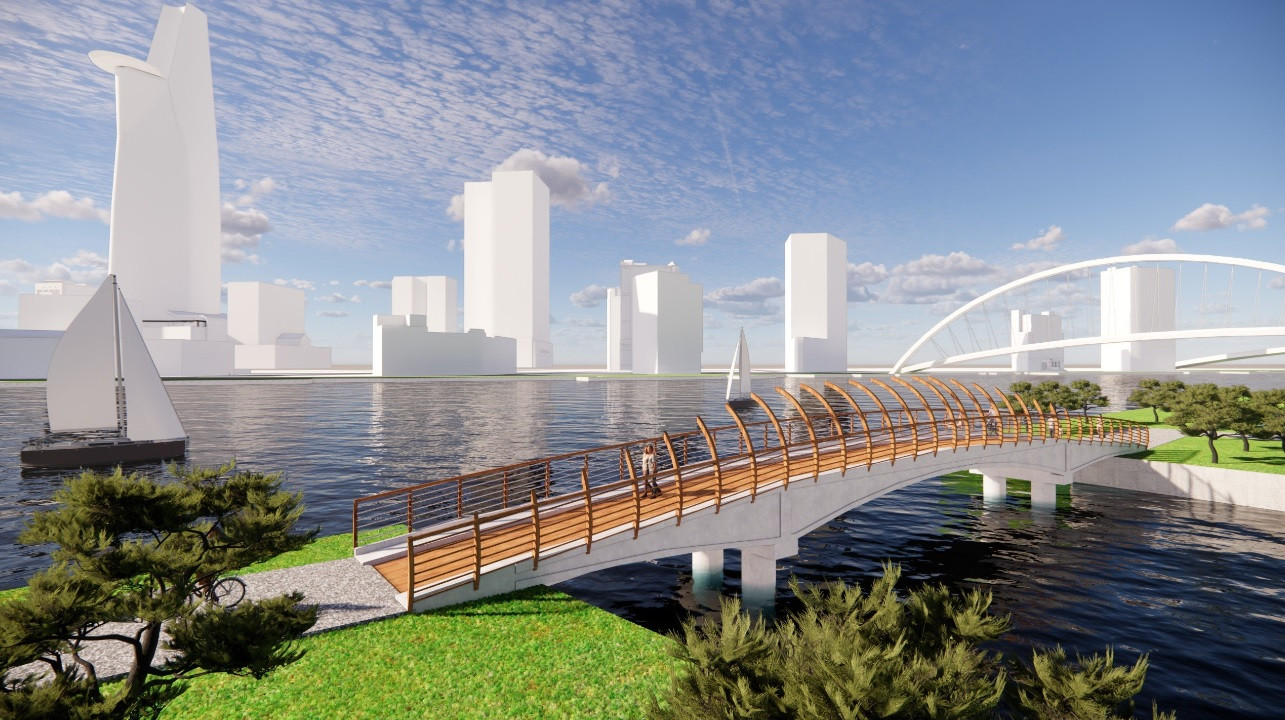 Từ cầu đi bộ, người dân có thể tản bộ dọc bờ sông Sài Gòn, vườn hoa hướng dương, công viên...