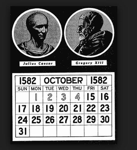 Hình minh họa cho tháng 10 năm 1582 sau khi áp dụng lịch Gregory