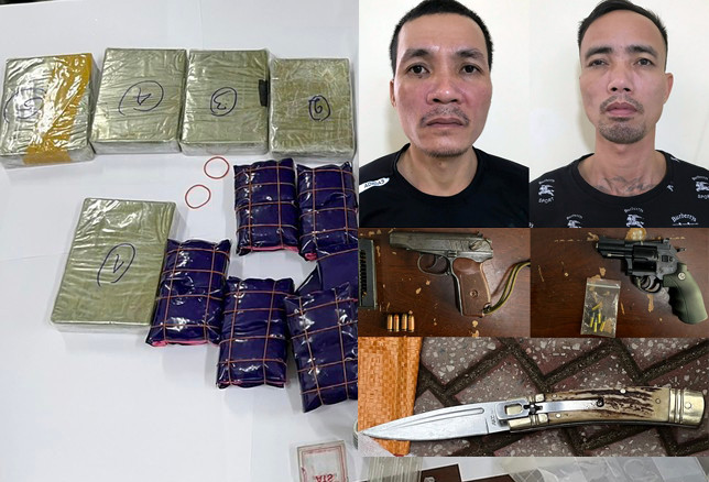 Hai đối tượng Bảy, Hoa cùng tang vật vụ án. Hai đối tượng Bảy, Hoa cùng tang vật vụ án.